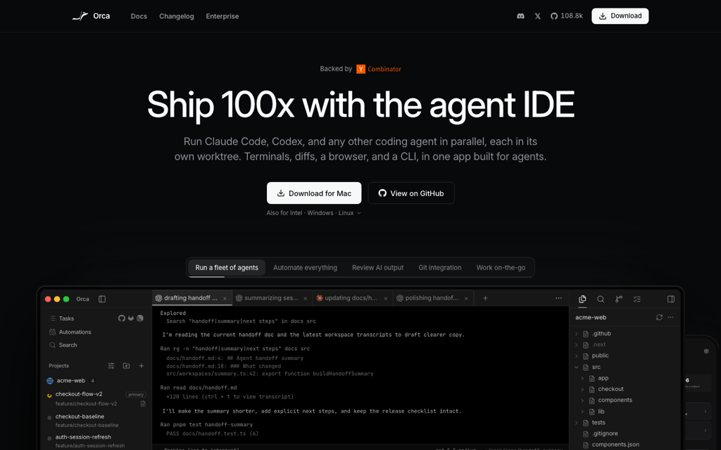 De homepage van Orca op onorca.dev